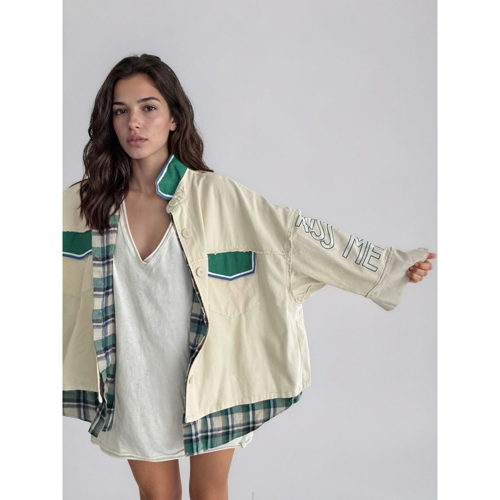 Wren and Glory Kiss Me Jacket One Size Hand Painted Shamrock Plaid Layered Cream - Picture 2 of 8